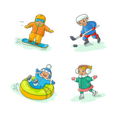 vector flat kids doing winter outdoor sport set. boy having fun riding inflatable rubber tube sled, girl ice skating, boys snowboarding and playing hockey. Isolated illustration on white background.