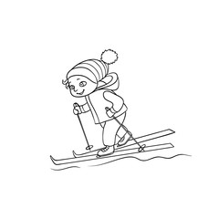 Naklejka na ściany i meble Happy little boy skiing, winter sport activity, black and white flat cartoon vector illustration isolated on white background. Drawing of little boy skiing, black and white picture, coloring book