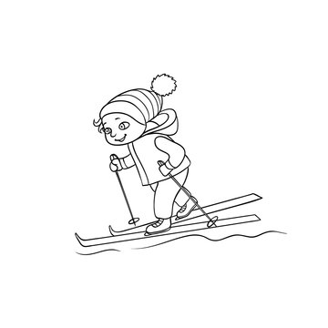 Happy little boy skiing, winter sport activity, black and white flat cartoon vector illustration isolated on white background. Drawing of little boy skiing, black and white picture, coloring book