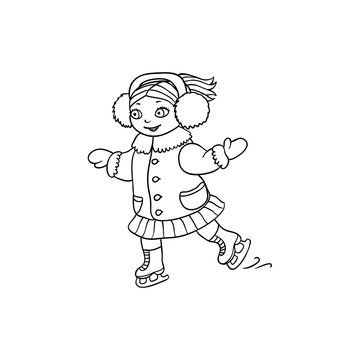 Happy little girl in ear muffs ice skating, black and white flat cartoon vector illustration isolated on white background. Drawing of little girl ice skating, black and white picture, coloring book