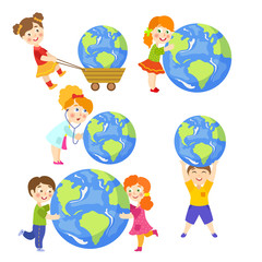 Vector children saving earth planet set. Flat happy girl, boy hugging earth planet, doctor with stethoscope examining lungs, child pulling earth in cart. Isolated illustration on white background.