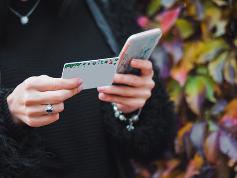 Online payment,Woman's hands holding smartphone and using credit card for online shopping in autumn park