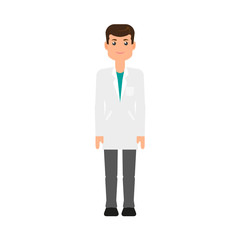 vector flat cartoon adult male doctor, physician in white medical gown clothing smiling. Isolated illustration on a white background. Full lenght portrait