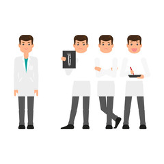 vecotr flat cartoon male young doctor character in white medical clothing, gown creation set. Isolated illustration on a white background. Different views, emotions, gestures