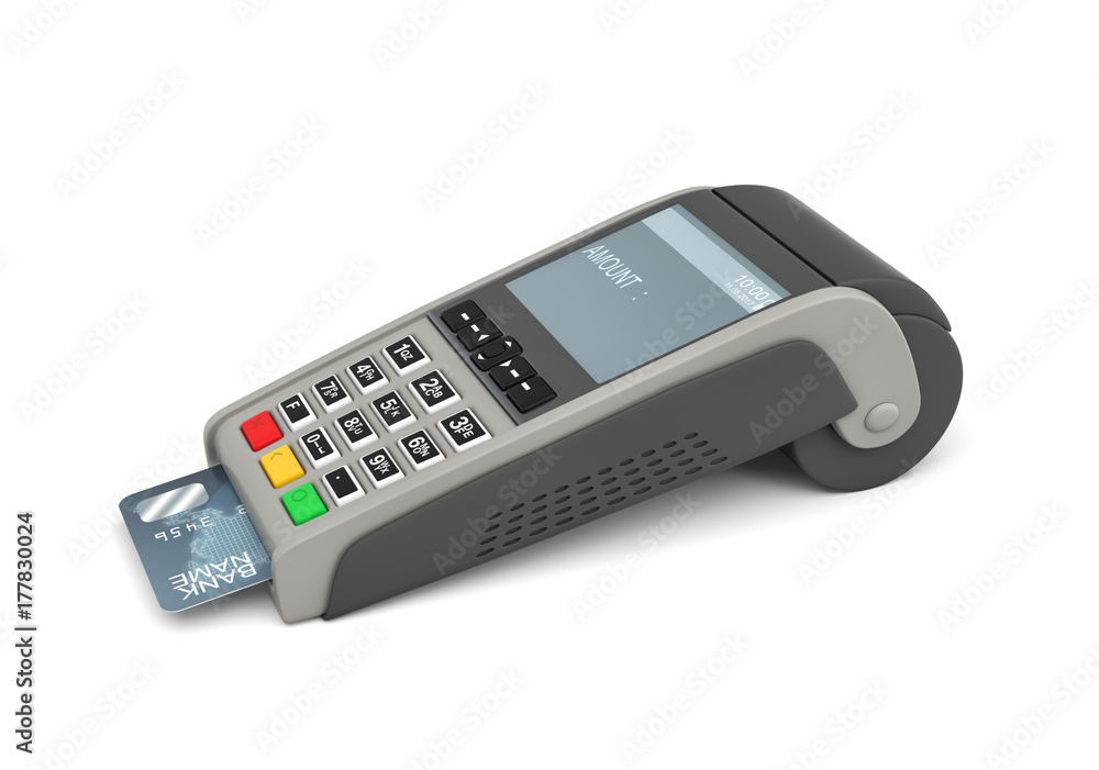Poster 3d rendering of a card payment terminal with a sticking plastic card inside on white background.
