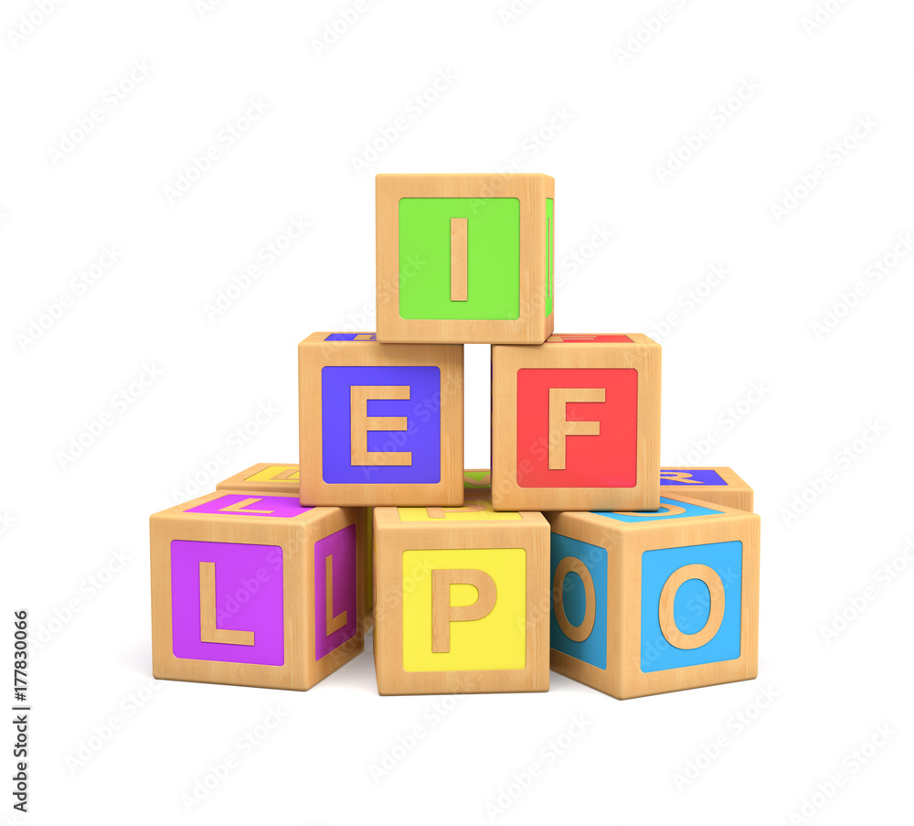 Poster 3d rendering of colorful toy blocks with different english letters isolated on a white background.