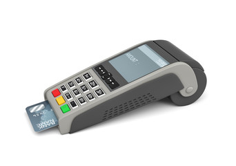 3d rendering of a card payment terminal with a sticking plastic card inside on white background.