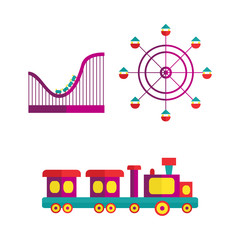 vector flat amusement park, funfair carnival objects icon set. Roller coaster, kid steam train and Ferris wheel. Isolated illustration on a white background.