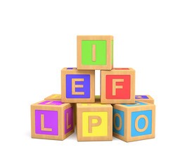 3d rendering of colorful toy blocks with different English letters isolated on a white background.