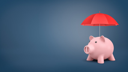 3d rendering of a pink ceramic piggy bank stands under a small red umbrella on blue blackboard background.