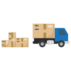 Delivery truck with box of cargo. Fast delivery service concept. Postal service