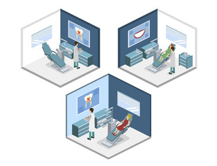 Isometric 3D vector illustration set people are enrolled to see a dentist.