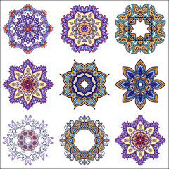 Set of colorful mandalas. Ornamental round floral pattern. Vector splendid mandala in blue