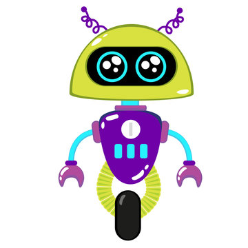 A cute robot, on wheels, with claws, big beautiful eyes. On the robot body there are buttons, wires, antennas. Creative vector robot background. Funny wallpaper for textile and fabric.