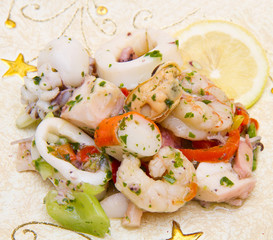 seafood salad on decorated dish