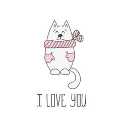 Valentines day card with cat. Vector illustration.