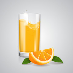 Orange fruit juice in realistic glass and orange slice