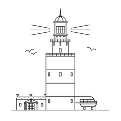Lighthouse linear illustration on isolated white background. Beacon outline icon. Navigator building. Hook Head in Ireland - famous irish place to visit.