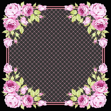 Greeting card with pink roses on a dark background