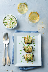 Rice pine nuts cilantro goat cheese stuffed eggplant rolls