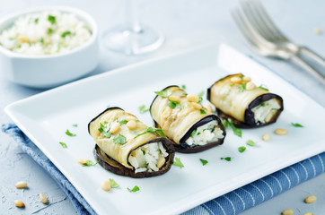 Rice pine nuts cilantro goat cheese stuffed eggplant rolls