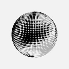 Abstract globe dotted sphere, 3d halftone effect vector background. Black and white vector illustration.