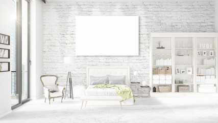 Fashionable modern loft interior with empty frame and copyspace in horizontal arrangement. 3D rendering.