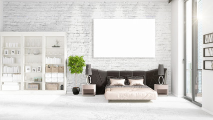 Fototapeta premium Fashionable modern loft interior with empty frame and copyspace in horizontal arrangement. 3D rendering.