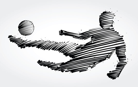 Soccer player jumping to kick the ball made of black brushstrokes