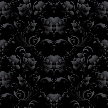 Black roses seamless pattern. Vector dark black floral background wallpaper illustration with vintage 3d blossom roses flowers, leaves and flourish ornaments. Monochrome surface texture.