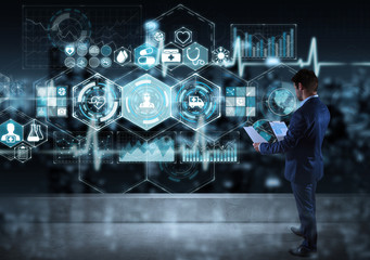 Businessman watching medical interface on a rooftop 3D rendering