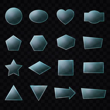 Blue glass plates set. Triangle square rectangle hexagon, pentagon, star, heart, circle textured frames with glow and light on transparent background. Technology shapes. Realistic vector illustration.