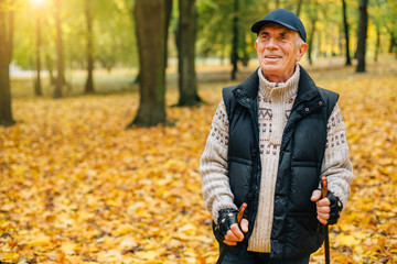 Senior man standing with nordic walking poles in colorful autumn park. Healthy life concept. Old man resting after exercise outdoors.