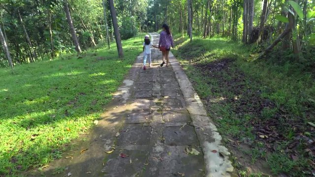 
Back view of happy mother and her daughter walking on the rural road while holding hands, shot in 4k resolution
