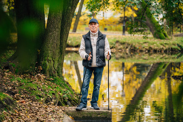 Senior man standing with nordic walking poles in colorful autumn park. Healthy life concept. Old...