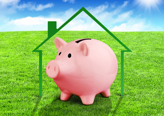 Savings for a house concept, piggy bank on field
