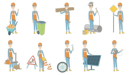Young caucasian builder set. Builder pushing a wheelbarrow, carpenter holding saw, welder working on a gas welding machine. Set of vector sketch cartoon illustrations isolated on white background.