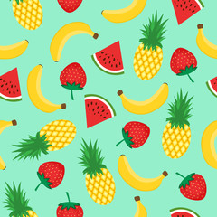 Seamless pattern with yellow bananas, pineapples, watermelon and strawberries on mint green background. Summer fruit mix illustration. Colorful cute tropical background