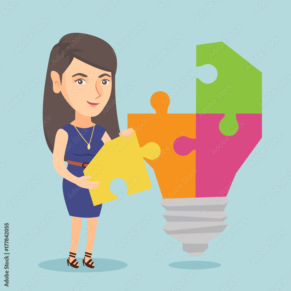 Poster caucasian student completing idea lightbulb made of puzzle. young smiling student inserts the missin