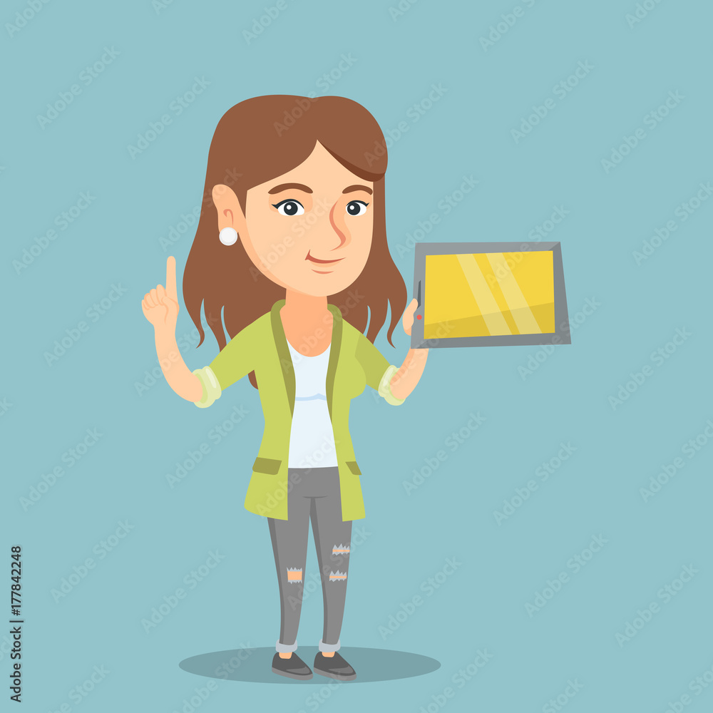 Poster caucasian student holding a tablet computer and pointing forefinger up. student using a tablet compu