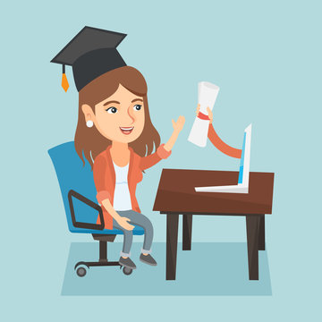 Young Cheerful Caucasian Online School Graduate Getting Diploma From The Computer. Concept Of Educational Technology, Online Education And Graduation. Vector Cartoon Illustration. Square Layout.