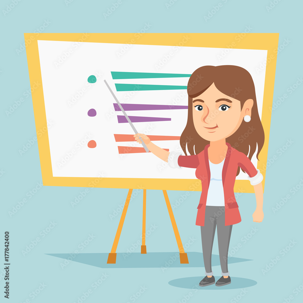 Poster young caucasian teacher standing in front of board with pointer. smiling teacher holding a pointer. 