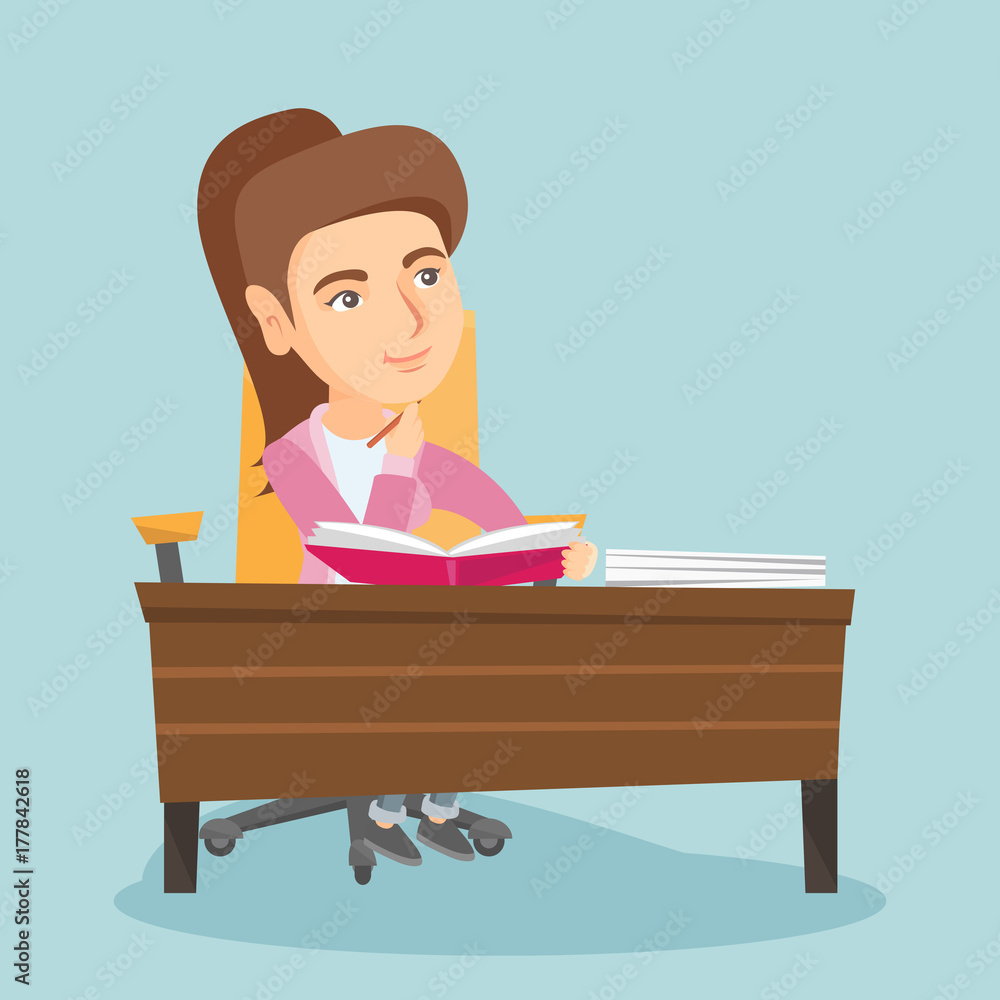 Poster young pensive caucasian student sitting at the table and thinking. thoughtful student sitting at the