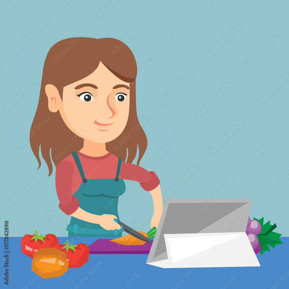 Sticker young caucasian woman cutting vegetables for salad. woman following a vegetable salad recipe on a di