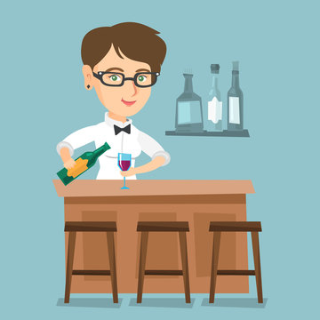 Young caucasian bartender standing at the bar counter and pouring wine in a glass. Cheerful female bartender holding a bottle of wine in hands. Vector cartoon illustration. Square layout.