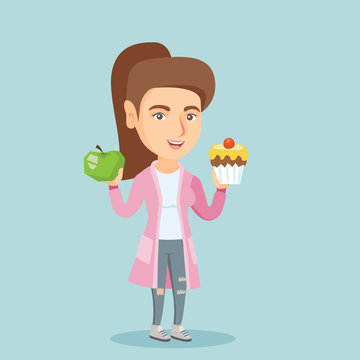 Young smiling caucasian woman holding an apple and a cupcake in hands and choosing between them. Concept of choice between healthy and unhealthy nutrition. Vector cartoon illustration. Square layout.