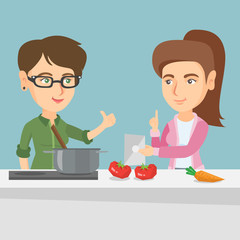 Caucasian women following a vegetable meal recipe on a tablet computer. Young women looking for a recipe in a digital tablet. Women cooking meal together. Vector cartoon illustration. Square layout.