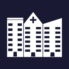 Vector hospital icon.Vector white icon on dark blue background.