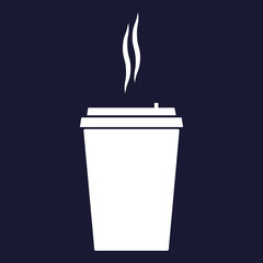 Vector icon of a disposable cup of coffee. A stale coffee drink in the dishes. Vector white icon on dark blue background.
