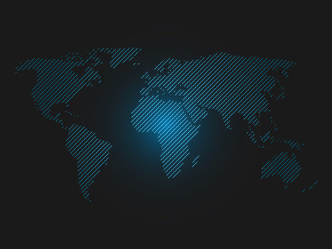 Striped world map. Blue led light futuristic design on dark background. Vector illustration.